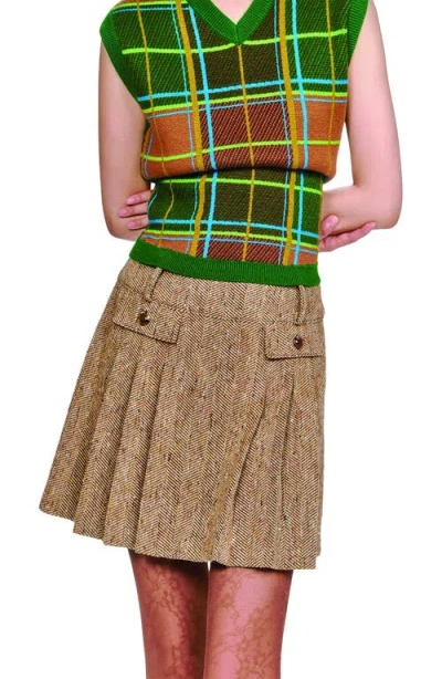 Anna Sui Herringbone Pleated Skirt In Green