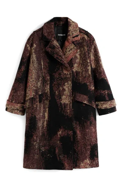 Desigual Abstract-pattern Double-breasted Coat In Burgundy