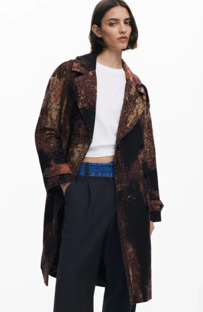 Desigual Abstract-pattern Double-breasted Coat In Burgundy