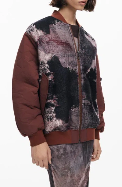 Desigual Onion Quilted Puffer Bomber Jacket In Brown