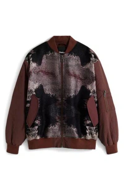 Desigual Onion Quilted Puffer Bomber Jacket In Brown