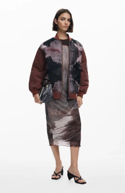 Desigual Onion Quilted Puffer Bomber Jacket In Brown