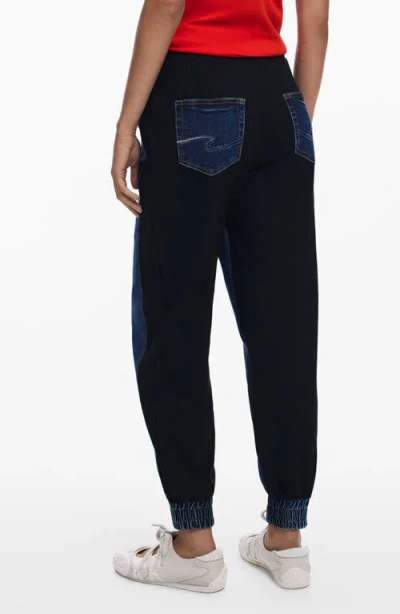 Desigual Pull-on Mixed Media Denim Joggers In Blue