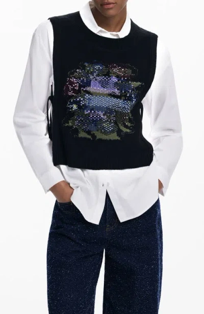 Desigual 2-in-1 Button-up Shirt & Sweater Vest Set In Black