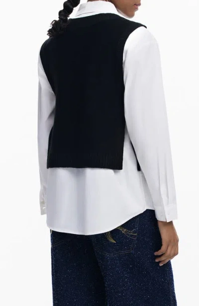 Desigual 2-in-1 Button-up Shirt & Sweater Vest Set In Black