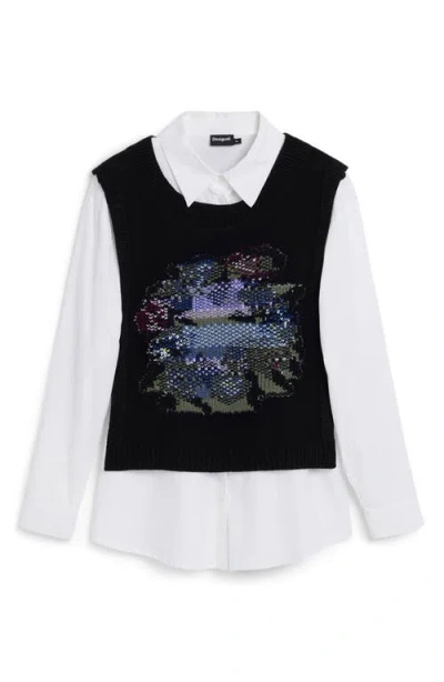 Desigual 2-in-1 Button-up Shirt & Sweater Vest Set In Black