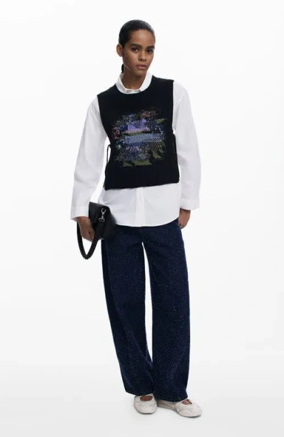 Desigual 2-in-1 Button-up Shirt & Sweater Vest Set In Black