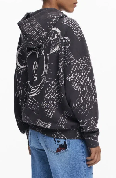 Desigual Mickey Mouse Print Cotton Hoodie In Black