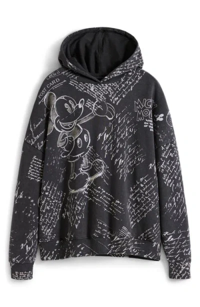 Desigual Mickey Mouse Print Cotton Hoodie In Black