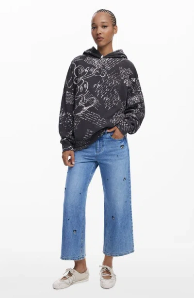 Desigual Mickey Mouse Print Cotton Hoodie In Black
