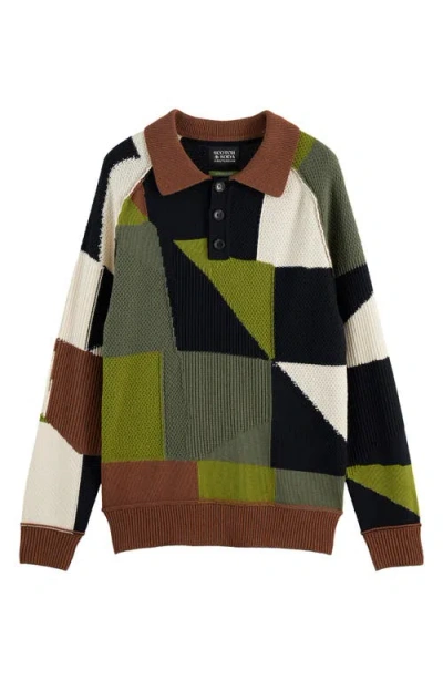 Scotch & Soda Pieced Patchwork Polo Sweater In Multi