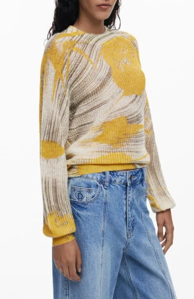 Desigual Abstract Print Crewneck Sweater In Yellow