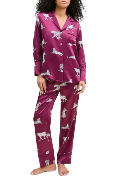 Petite Plume Panthre De Nuit Piped Silk Satin Pajamas In Burgundy