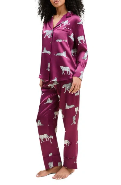 Petite Plume Panthre De Nuit Piped Silk Satin Pajamas In Burgundy