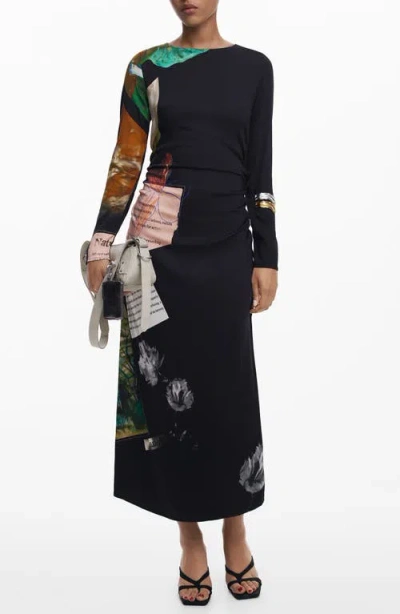 Desigual Mix Print Long Sleeve Midi Dress In Black