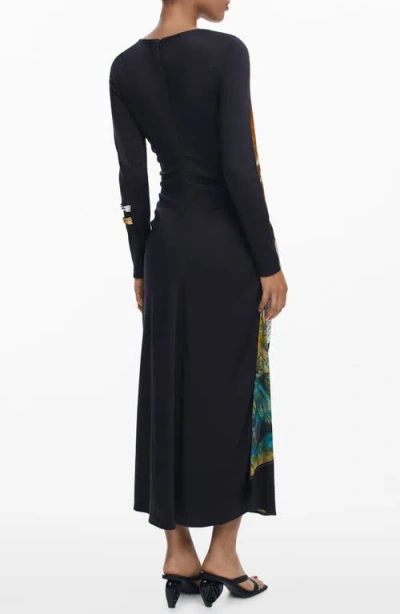 Desigual Mix Print Long Sleeve Midi Dress In Black