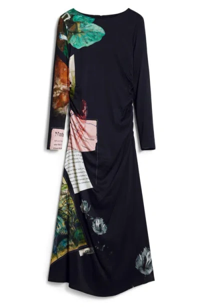 Desigual Mix Print Long Sleeve Midi Dress In Black