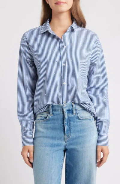 Beachlunchlounge Lynden Embellished Stripe Cotton Blend Button-up Shirt In Blue