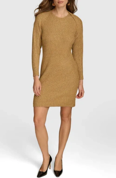 Donna Karan New York Metallic Long Sleeve Rib Sweater Dress In Gold