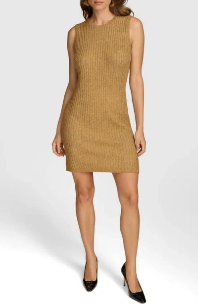 Donna Karan New York Metallic Long Sleeve Rib Sweater Dress In Gold