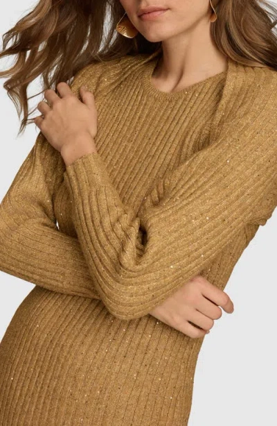 Donna Karan New York Metallic Long Sleeve Rib Sweater Dress In Gold