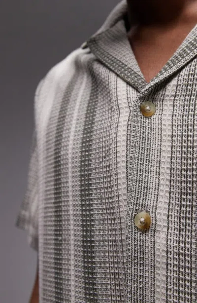 Topman Reverse Stripe Textured Cotton Blend Camp Shirt In Gray