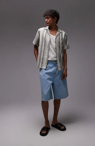 Topman Reverse Stripe Textured Cotton Blend Camp Shirt In Gray