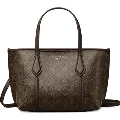 Tory Burch Mini Perry T Monogram Coated Canvas Tote In Brown