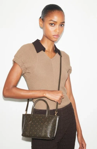 Tory Burch Mini Perry T Monogram Coated Canvas Tote In Brown