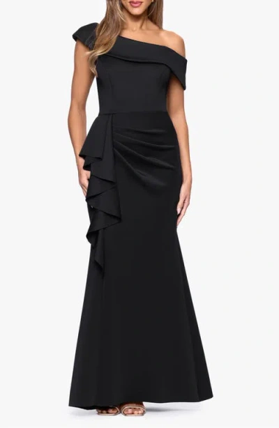 Xscape Evenings Ruffle One-shoulder Scuba Knit Gown In Black