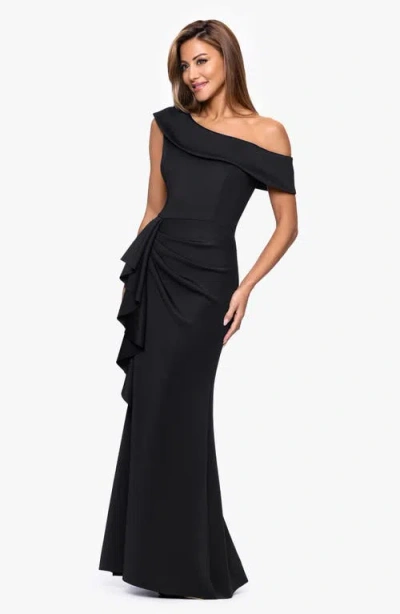 Xscape Evenings Ruffle One-shoulder Scuba Knit Gown In Black