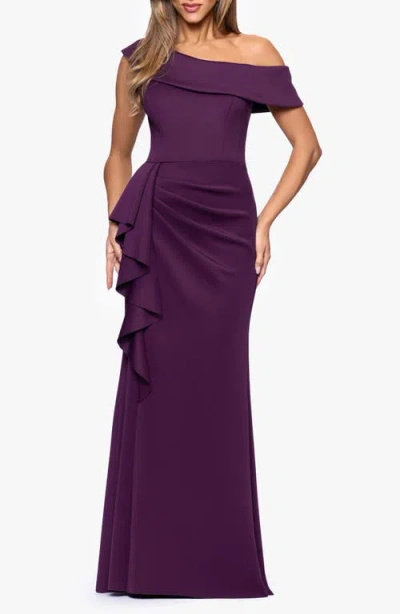 Xscape Evenings Ruffle One-shoulder Scuba Knit Gown In Purple