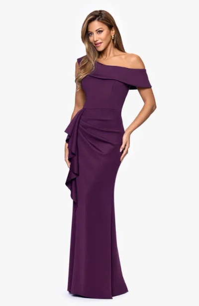 Xscape Evenings Ruffle One-shoulder Scuba Knit Gown In Purple