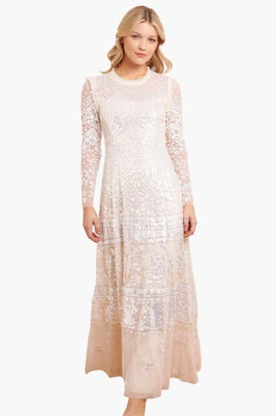 Needle & Thread Aurora Long Sleeve Round Neck Gown In White
