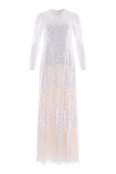 Needle & Thread Aurora Long Sleeve Round Neck Gown In White