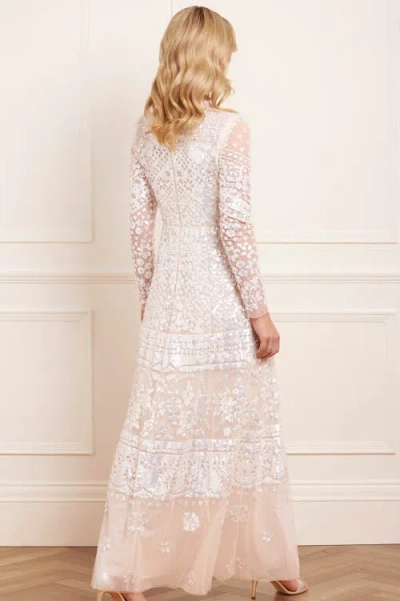 Needle & Thread Aurora Long Sleeve Round Neck Gown In White