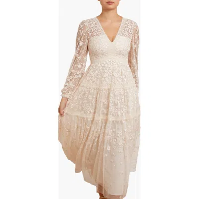 Needle & Thread Celestia Ribbon Long Sleeve V-neck Gown In Multi