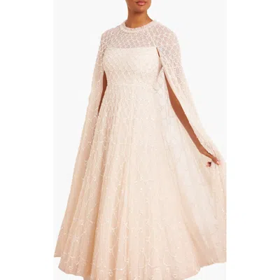 Needle & Thread Heart Lattice Cape Ankle Gown In Neutral