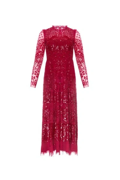 Needle & Thread Aurora Long Sleeve Ballerina Midi Dress In Red