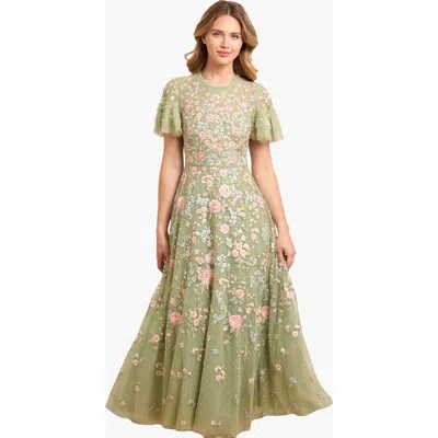 Needle & Thread Antoinettes Floral Round Neck Ankle Gown In Green
