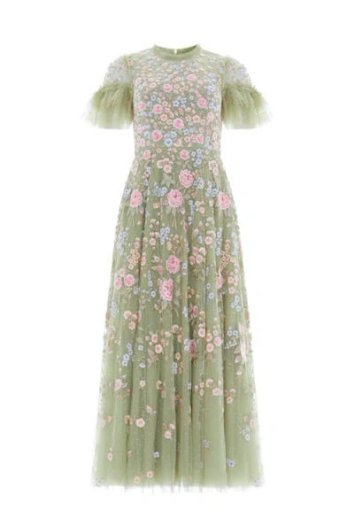 Needle & Thread Antoinettes Floral Round Neck Ankle Gown In Green