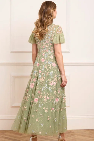 Needle & Thread Antoinettes Floral Round Neck Ankle Gown In Green