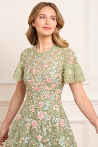 Needle & Thread Antoinettes Floral Round Neck Ankle Gown In Green