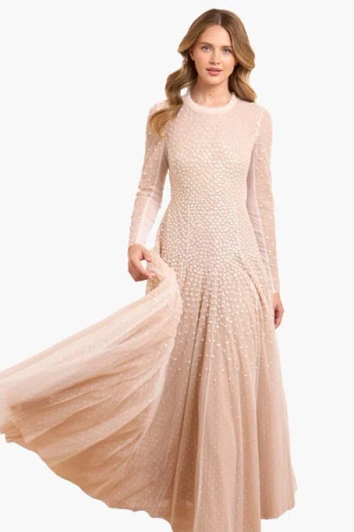 Needle & Thread Sequin Cascade Round Neck Gown In Neutral