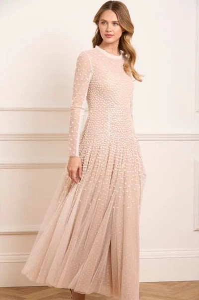 Needle & Thread Sequin Cascade Round Neck Gown In Neutral