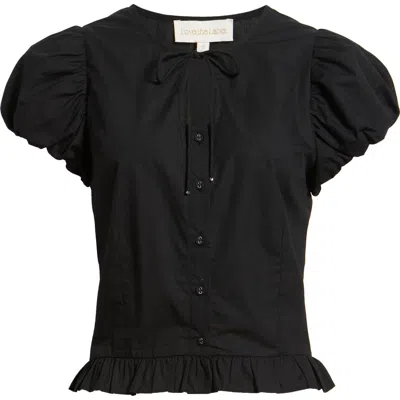 Love The Label Iridessa Keyhole Puff Sleeve Cotton Button-up Top In Black