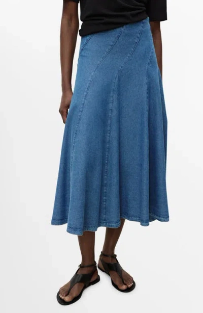 Mango Denim Midi-skirt With Stitching Medium Blue In Blue