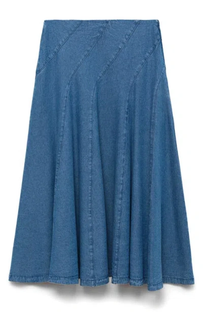 Mango Denim Midi-skirt With Stitching Medium Blue In Blue