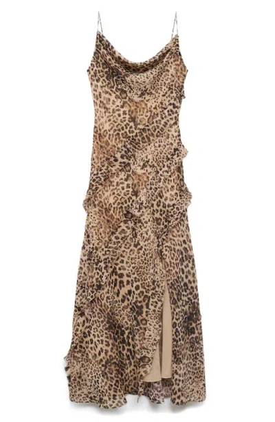 Mango Leopard-print Ruffle Dress With Opening Ecru In Neutral