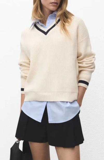 Mango Mixed Media Layered Look V-neck Sweater In Neutral